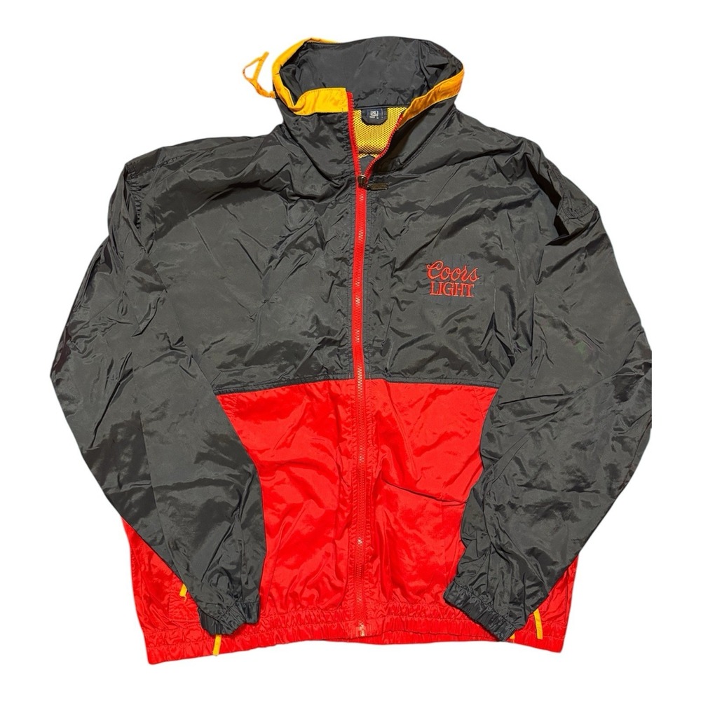 Coors Light Windbreaker Jacket Mens XL Red Navy Yellow Zippable Hood Beer